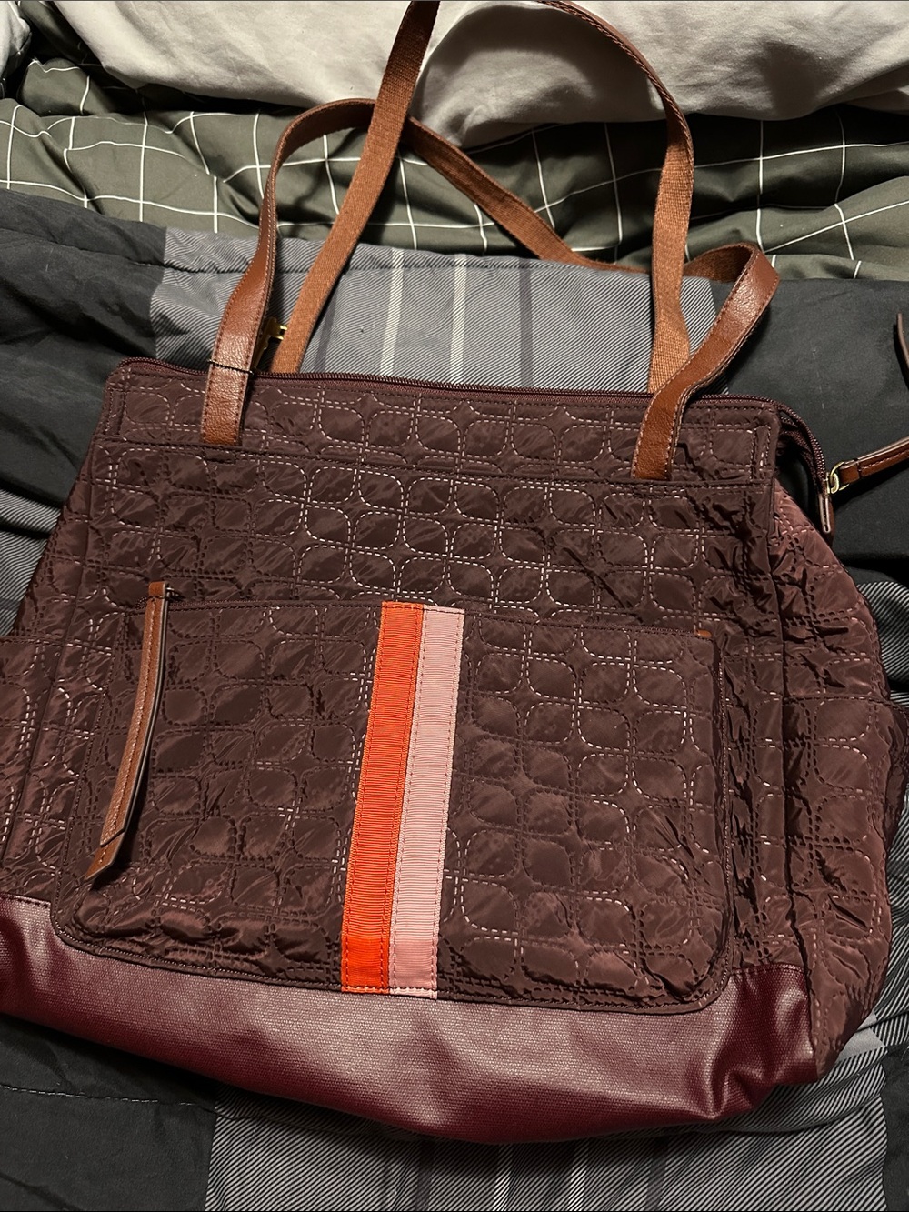 Fossil  Quilted Tote Bag in Dark Brown with Accent Stripes